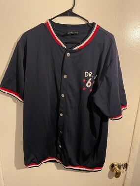 RARE Julius Erving Dr. J Snap Button Up Blue Warmup Shirt Men's LARGE